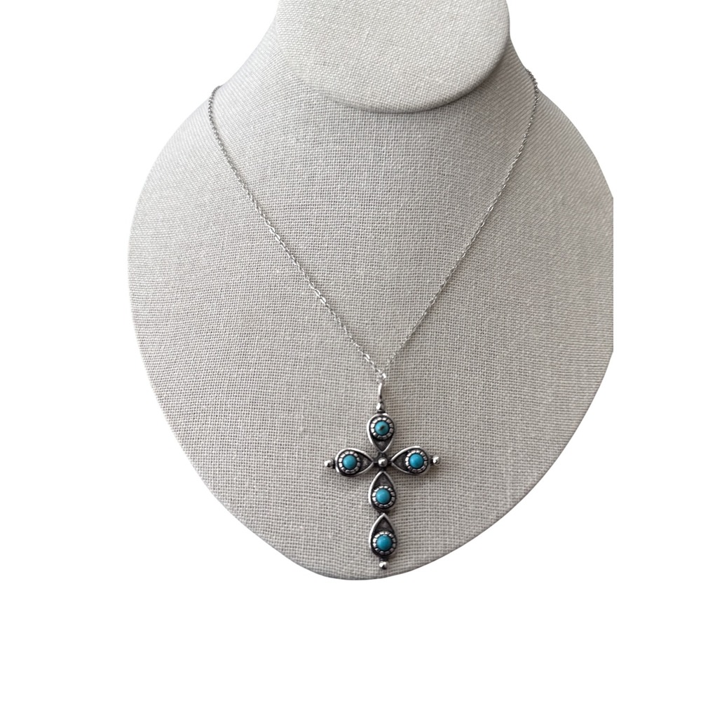 Silver Tone Turquoise Cabochon like Cross Pendant Necklace Southwestern Style 18